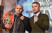 1 July 2014; Boxers Kiko Martinez, left, and Carl Frampton during a press conference ahead of their IBF Super Bantamweight title fight on Saturday the 6th of September. Titanic Centre, Belfast, Co. Antrim. Picture credit: Barry Cregg / SPORTSFILE