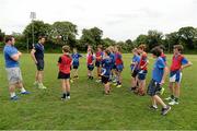 2 July 2014; Leinster's Cian Healy and Kevin McLaughlin answer questions from the 11 and 12's group during the Herald Leinster Rugby Summer Camps in Old Belvedere RFC, Donnybrook, Dublin. Picture credit: Barry Cregg / SPORTSFILE