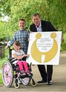 3 July 2014: Former Republic of Ireland international Packie Bonner with Matt Dooley, age 9, from Blanchardstown, Co. Dublin, and Sophie Biggins, age 7, from Swords, Co. Dublin, at the official launch of the Packie Bonner 2014 Golf Classic in aid of Spina Bifida Hydrocephalous Ireland. The Barge Pub, Charlemount Street, Dublin. Picture credit: Matt Browne / SPORTSFILE
