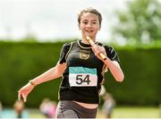 5 July 2014; Kristina O'Connor, Blackrock Dublin AC, crosses the finish line to win the Girl's U13 4x100m final event. GloHealth AAI Juvenile Track and Field Relay Championships, Tullamore, Co. Offaly. Picture credit: Pat Murphy / SPORTSFILE