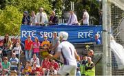 5 July 2014; RTE broadcaster Michael Lester with pundits Cyril Farrell and Michael Duignan look on during the match. GAA Hurling All-Ireland Senior Championship, Round 1, Clare v Wexford, Cusack Park, Ennis, Co. Clare. Picture credit: Ray McManus / SPORTSFILE