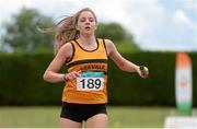 5 July 2014; Marie O'Halloran, Leevale AC, crosses the finish line to win the Girl's U18 4x100m final event. GloHealth AAI Juvenile Track and Field Relay Championships, Tullamore, Co. Offaly. Picture credit: Pat Murphy / SPORTSFILE