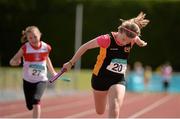 5 July 2014; Emma O'Brien, Blackrock Dublin AC, crosses the finish line to win the Girl's U12 4x100m final event. GloHealth AAI Juvenile Track and Field Relay Championships, Tullamore, Co. Offaly. Picture credit: Pat Murphy / SPORTSFILE