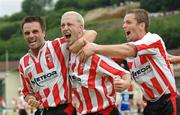 27 July 2006; Stephen O'Flynn, centre, Derry City, celebrates with team-mates, Darren Kelly, left, and Kevin McHugh, after scoring his side's first goal. UEFA Cup 1st Round, 2nd Leg, Derry City v IFK Gothenburg, Brandywell, Derry. Picture credit; David Maher / SPORTSFILE