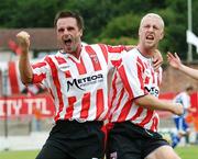 27 July 2006; Stephen O'Flynn, right, Derry City, celebrates with team-mate, Darren Kelly, after scoring his sides first goal. UEFA Cup 1st Round, 2nd Leg, Derry City v IFK Gothenburg, Brandywell, Derry. Picture credit; David Maher / SPORTSFILE
