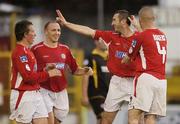 28 July 2006; Jason Byrne, Shelbourne, celebrates with team-mates from left Bobby Ryan, Glen Crowe and Dave Rodgers after scoring his first goal. eircom League Premier Division, Shelbourne v Sligo Rovers, Tolka Park, Dublin. Picture credit; Damien Eagers / SPORTSFILE