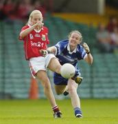 29 July 2006; Nollaig Cleary, Cork, in action against Rebecca Hallahan, Waterford. TG4 Ladies Munster Senior Football Final, Cork v Waterford, Gaelic Grounds, Limerick. Picture credit; Brendan Moran / SPORTSFILE