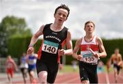 5 July 2014; David McDonald, Menapians AC, crosses the finish line to win the Boy's U16 4x100m final event. GloHealth AAI Juvenile Track and Field Relay Championships, Tullamore, Co. Offaly. Picture credit: Pat Murphy / SPORTSFILE