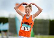 5 July 2014; Shane Fitzgerald, St. Mary's AC, Limerick, celebrates after winning the Boy's U12 4x100m final event. GloHealth AAI Juvenile Track and Field Relay Championships, Tullamore, Co. Offaly. Picture credit: Pat Murphy / SPORTSFILE