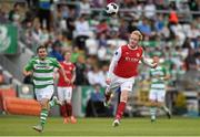 5 July 2014; Derek Foran, St Patrick's Athletic, heads the ball to safety as Dean Kelly, Shamrock Rovers, looks on. SSE Airtricity League Premier Division. Shamrock Rovers v St Patrick's Athletic. Tallaght Stadium, Tallaght, Co. Dublin. Picture credit: Barry Cregg / SPORTSFILE