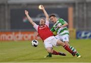 5 July 2014; Conan Byrne, St Patrick's Athletic, is brought to ground by Robert Cornwall, Shamrock Rovers. SSE Airtricity League Premier Division. Shamrock Rovers v St Patrick's Athletic. Tallaght Stadium, Tallaght, Co. Dublin. Picture credit: Barry Cregg / SPORTSFILE