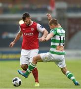 5 July 2014; James Chambers, St Patrick's Athletic, is tackled by Shane Robinson, Shamrock Rovers. SSE Airtricity League Premier Division. Shamrock Rovers v St Patrick's Athletic. Tallaght Stadium, Tallaght, Co. Dublin. Picture credit: Barry Cregg / SPORTSFILE