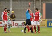 5 July 2014; Keith Fahey, St Patrick's Athletic, is shown a red card by referee Padraig Sutton. SSE Airtricity League Premier Division. Shamrock Rovers v St Patrick's Athletic. Tallaght Stadium, Tallaght, Co. Dublin. Picture credit: Barry Cregg / SPORTSFILE