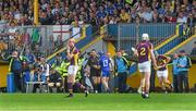 5 July 2014; Clare's Pádraic Collins speaks to linesman, Fergal Horgan, after he was sent off in the first half. GAA Hurling All-Ireland Senior Championship, Round 1, Clare v Wexford, Cusack Park, Ennis, Co. Clare. Picture credit: Ray McManus / SPORTSFILE