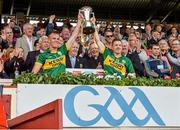 6 July 2014; Kerry joint captains Fionn Fitzgerald, left, and Kieran O'Leary lift the cup after victory over Cork. Munster GAA Football Senior Championship Final, Cork v Kerry, Páirc Ui Chaoimh, Cork. Picture credit: Diarmuid Greene / SPORTSFILE