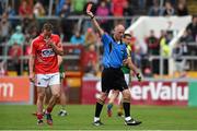 6 July 2014; John Hayes, Cork, is shown a red card by referee Cormac Reilly. Munster GAA Football Senior Championship Final, Cork v Kerry, Páirc Ui Chaoimh, Cork. Picture credit: Diarmuid Greene / SPORTSFILE