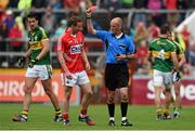 6 July 2014; John Hayes, Cork, is shown a red card by referee Cormac Reilly. Munster GAA Football Senior Championship Final, Cork v Kerry, Páirc Ui Chaoimh, Cork. Picture credit: Diarmuid Greene / SPORTSFILE