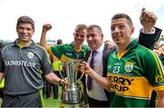 6 July 2014; Kerry manager Eamonn Fitzmaurice celebrates with captains Fionn Fitzgerald, 2nd from left, and Kieran O'Leary and Patrick O'Sullivan, Chairman of Kerry County Board, and the cup after the game. Munster GAA Football Senior Championship Final, Cork v Kerry, Páirc Ui Chaoimh, Cork. Picture credit: Brendan Moran / SPORTSFILE