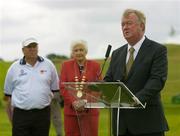 24 July 2006; Minister for Arts, Sport and Tourism, John O'Donoghue, TD, in the company of two time Major winner John Daly and Maura Cal McCarthy, Deputy County Mayor, speaking at the opening of the Blarney Golf Resort, Blarney, Co. Cork. The 50 million euro complex on a magnificent 164 acre site, has as it's centrepiece, a John Daly designed championship course and also comprises a 62 bedroom Ramada Hotel, 56 luxury self catering suites and the Sentosa Spa. This is the first course in Europe to be designed by John Daly. Picture credit: Brendan Moran / SPORTSFILE