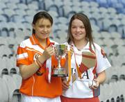 31 July 2006; The Armagh captain Laura McGuinness and Eimear McKenna, Derry captain, with the All Ireland B Camogie Final trophy at a photocall ahead of the U16 All-Ireland Finals. The Finals take place on Sunday in Naomh Mearnóg, Dublin. The &quot;A&quot; final will be played at 3.30pm, between Cork and Kilkenny, while the &quot;B&quot; Final will be played at 2.00pm, between Armagh and Derry. Croke Park, Dublin. Picture credit; Pat Murphy / SPORTSFILE