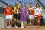 31 July 2006; President of the Camogie Association of Ireland Liz Howard with, All-Ireland Final captains from left, Dawn O’Keeffe, Cork, Edwina Kean, Kilkenny, Laura McGuinness, Armagh, and, Eimear McKenna, Derry, at a photocall ahead of the U16 All-Ireland Final. The Finals take place on Sunday in Naomh Mearnóg, Dublin. The &quot;A&quot; final will be played at 3.30pm, between Cork and Kilkenny, while the &quot;B&quot; Final will be played at 2.00pm, between Armagh and Derry. Croke Park, Dublin. Picture credit; Pat Murphy / SPORTSFILE