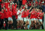 18 July 1999; Cork players celebrate with the cup following the Munster GAA Football Minor Championship Final match between Cork and Kerry at Páirc Uí Chaoimh in Cork. Photo by Brendan Moran/Sportsfile