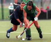 8 August 1999; Jenny Burke of Ireland in action against Aurelie Noel of France during the International women's hockey match between Ireland and France at UCD in Dublin. Photo by Matt Browne/Sportsfile