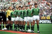 22 May 1991; Republic of Ireland team stand for the National Anthem ahead of the International friendly match between Republic of Ireland and Chile at Lansdowne Road in Dublin. Photo by David Maher/Sportsfile