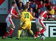 14 July 1999; Colin Hawkins, left, and Martin Russell of St Patricks Athletic in action against Serghei Iepureanu of FSC Zimbru during the UEFA Champions League Qualifying match between St Patricks Athletic and FSC Zimbru at Richmond Park in Dublin. Photo by Brendan Moran/Sportsfile