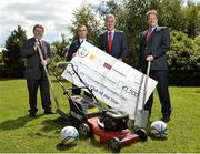 9 July 2014; Chief Executive of the FAI John Delaney with, from left, Donal Conway, FAI and chairman of the  judging panal for the Aviva FAI Club of the Year, Graham Cambell, Club Secretary of Drogheda Boys, Co. Louth, and Mark Russell, Aviva, pictured at today’s Aviva FAI Club of the Year Nominees lunch at the Carlton Hotel in Dublin. Eight clubs were nominated across four categories of excellence; Coach Education, Work in the Community, Underage Participation, and Club Development & Facilities. Each club received a cheque for €1,500 and are in contention for the Aviva FAI Club of the Year, which will be announced on the 25th July. Aviva Club of the Year Nominees' Lunch, Carlton Hotel, Tyrrelstown, Co. Dublin. Picture credit: David Maher / SPORTSFILE