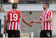 10 July 2014; Rory Patterson, Derry City, celebrates after scoring his side's fourth goal with team-mate Mark Timlin. UEFA Europa League First Qualifying Round, Second Leg, Aberystwyth Town v Derry City. Park Avenue, Aberystwth, Wales. Picture credit: Ian Cook / SPORTSFILE