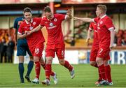 10 July 2014; Sligo Rovers' David Cawley, second left, celebrates with team-mates, from left, John Russell, Aaron Greene and Danny North, after scoring his side's fourth goal of the game. UEFA Europa League First Qualifying Round, Second Leg, Sligo Rovers v Banga. Showgrounds, Sligo. Picture credit: Ramsey Cardy / SPORTSFILE