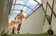 5 July 2014; The Antrim team, led by captain Niall McKeever, make their way out of the dressing rooms. GAA Football All-Ireland Senior Championship, Round 2, Limerick v Antrim, Gaelic Grounds, Limerick. Picture credit: Brendan Moran / SPORTSFILE