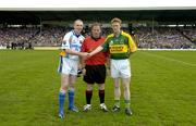 29 July 2006; Kerry captain Colm Cooper shakes hands with Longford captain Damien Sheridan, in the company of referee Vincent Neary, before the game. Bank of Ireland All-Ireland Senior Football Championship Qualifier, Round 4, Kerry v Longford, Fitzgerald Stadium, Killarney, Co. Kerry. Picture credit; Brendan Moran / SPORTSFILE