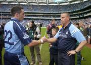 12 August 2006; Dublin manager Paul Caffrey shakes hands with Declan Lally at the end of the match. Bank of Ireland All-Ireland Senior Football Championship, Quarter-Final, Dublin v Westmeath, Croke Park, Dublin. Picture credit; Damien Eagers / SPORTSFILE