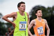 11 July 2014; Paul Robinson, St. Cocas A.C, Ireland, left, and Mark English, UCD, Ireland, before the Mens 800m race. 2014 Morton Games, Morton Stadium, Santry, Co. Dublin. Picture credit: Ramsey Cardy / SPORTSFILE