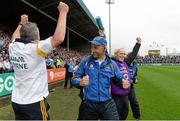 12 July 2014; Tipperary manager Peter Creedon celebrates after the final whistle with selectors Michael O'Louglin, left, and Michael McGeehan, right. GAA Football All-Ireland Senior Championship Round 3A, Laois v Tipperary, O'Moore Park, Portlaoise, Co. Laois. Picture credit: Matt Browne / SPORTSFILE