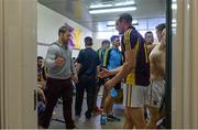 12 July 2014; Leinster Rugby player Sean O'Brien, left, congratulates Wexford's Podge Doran in the dressing room after the game. GAA Hurling All-Ireland Senior Championship Round 1 Replay, Clare v Wexford, Wexford Park, Wexford. Picture credit: Ray McManus / SPORTSFILE