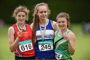 13 July 2014; Summer Lecky from Finn Valley AC, Co. Donegal, centre, who won the Girls under-15 Long Jump with 2nd place Katherine O'Connor, left, from St. Gerards AC, Dundalk, Co. Louth and 3rd place Vickie Cusack from Liscarroll AC, Co. Cork. GloHealth Juvenile Track and Field Championships, Tullamore Harriers AC, Tullamore, Co. Offaly. Picture credit: Matt Browne / SPORTSFILE