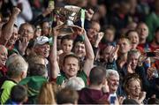 13 July 2014; Mayo captain Andy Moran lifts the cup alongside An Taoiseach Enda Kenny T.D., left. Connacht GAA Football Senior Championship Final, Mayo v Galway, Elverys MacHale Park, Castlebar, Co. Mayo. Picture credit: Pat Murphy / SPORTSFILE