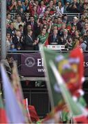 13 July 2014; Mayo captain Andy Moran lifts the Nestor Cup alongside An Taoiseach Enda Kenny T.D., left. Connacht GAA Football Senior Championship Final, Mayo v Galway, Elverys MacHale Park, Castlebar, Co. Mayo. Picture credit: Pat Murphy / SPORTSFILE