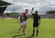 13 July 2014; Mayo's Barry Moran is shown the black card by referee Rory Hickey. Connacht GAA Football Senior Championship Final, Mayo v Galway, Elverys MacHale Park, Castlebar, Co. Mayo. Picture credit: Pat Murphy / SPORTSFILE