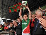 13 July 2014; Andy Moran, Mayo captain lifts the Nestor cup with Taoiseach Enda Kenny in attendance. Connacht GAA Football Senior Championship Final, Mayo v Galway, Elverys MacHale Park, Castlebar, Co. Mayo. Picture credit: Ray Ryan / SPORTSFILE