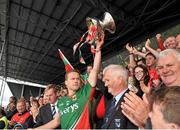 13 July 2014; Andy Moran, Mayo captain lifts the Nestor cup with Taoiseach Enda Kenny in attendance. Connacht GAA Football Senior Championship Final, Mayo v Galway, Elverys MacHale Park, Castlebar, Co. Mayo. Picture credit: Ray Ryan / SPORTSFILE