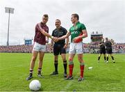 13 July 2014; Referee Rory Hickey with captains Andy Moran, Mayo, and Paul Conroy, Galway, before the start of the game. Connacht GAA Football Senior Championship Final, Mayo v Galway, Elverys MacHale Park, Castlebar, Co. Mayo. Picture credit: David Maher / SPORTSFILE