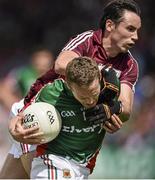 13 July 2014; Finian Hanley, Galway, in action against Andy Moran, Mayo. Connacht GAA Football Senior Championship Final, Mayo v Galway, Elverys MacHale Park, Castlebar, Co. Mayo. Picture credit: David Maher / SPORTSFILE