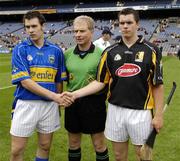 13 August 2006; Tipperary captain Joey McLoughney, referee Ger Hoey, Clare, and the Kilkenny captain Colin McGrath. All-Ireland Minor Hurling Championship, Semi-Final, Kilkenny v Tipperary, Croke Park, Dublin. Picture credit; Ray McManus / SPORTSFILE