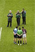 12 August 2006; Dublin captain Bryan Cullen, left, and Dessie Dolan, Westmeath captain, stand for a photograph with referee Brian Crowe before the game. Bank of Ireland All-Ireland Senior Football Championship, Quarter-Final, Dublin v Westmeath, Croke Park, Dublin. Picture credit; Ray McManus / SPORTSFILE