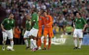 16 August 2006; Klaas Jan Huntelaar, Netherlands, 9, is congratulated by team-mate Arjen Robben after scoring his side's first goal as Republic of Ireland's Stephen Elliott, left, prepares to restart the game watched by team-mates, from left, Stephen Carr, Clinton Morrison, and Andy O'Brien. International Friendly, Republic of Ireland v Netherlands, Lansdowne Road, Dublin. Picture credit; Brian Lawless / SPORTSFILE