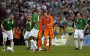 16 August 2006; Klaas Jan Huntelaar, Netherlands, 9, is congratulated by team-mate Arjen Robben after scoring his side's first goal as Republic of Ireland's Stephen Elliott, left, prepares to restart the game watched by team-mates, from left, Stephen Carr, Clinton Morrison, and Andy O'Brien. International Friendly, Republic of Ireland v Netherlands, Lansdowne Road, Dublin. Picture credit; Brian Lawless / SPORTSFILE